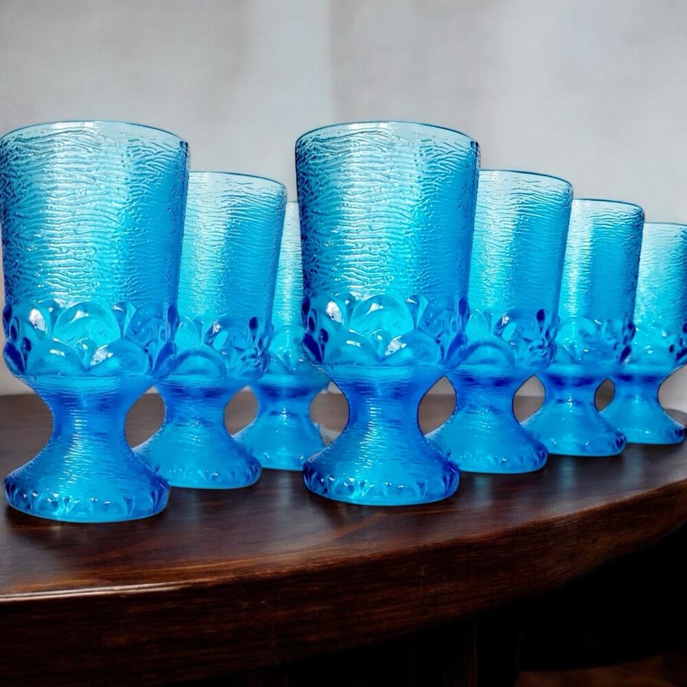 7 Vintage -MCM-Brockway Glass Monterey Blue Wine Water Drinking Glasses Goblets